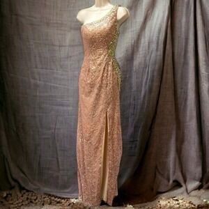 Gold Sequin AB Crystal One Shoulder Pink Goddess Long Formal Prom Gown Dress